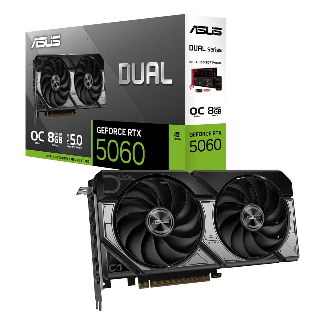 ASUS Dual GeForce RTX 5060 8GB GDDR7 OC Edition (PCIe 5.0, 8GB GDDR7, DLSS 4, HDMI 2.1b, DisplayPort 2.1b, 2.5 slot design, Axial tech fan design, 0dB technology, and more)