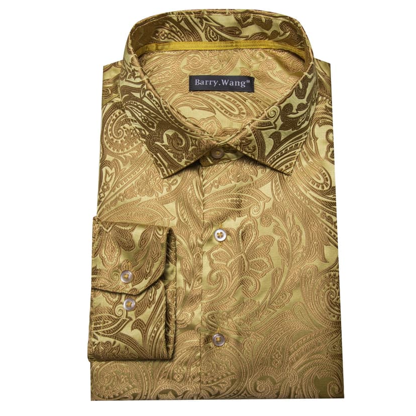 Barry.Wang Chemise habillée en soie pour homme - Motif cachemire floral - Manches longues - Grande et grande taille - Pour fête de mariage - Chemises décontractées et formelles, Cachemire doré, S - 3