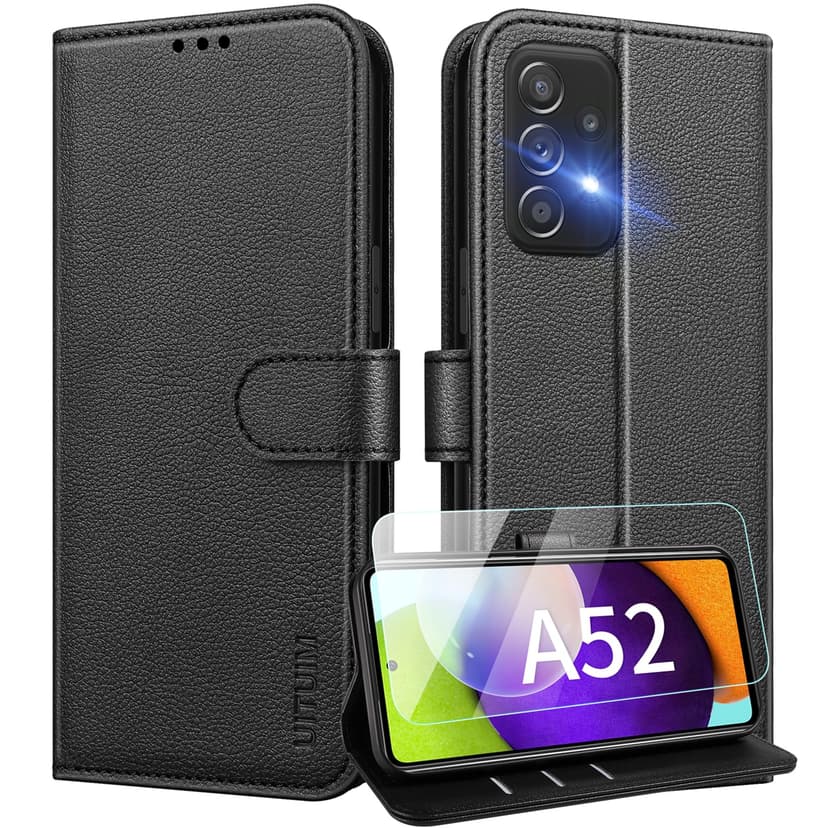 UITUIM Coque pour Samsung Galaxy A52 5G / A52s 5G / A52 4G Coque Etui Portefeuille Cuir avec Verre Trempé Protection Écran Porte Carte Rabat Clapet Flip Case Étui Cover Housse Etui Coque,Noir - 1