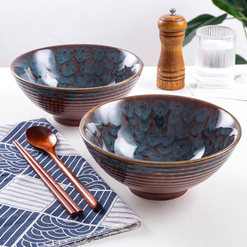 1200ml Ceramic Ramen Bowl Set of 2 Japanese Noodle Bowls with Spoons and Chopsticks, Peacock Tail - 6