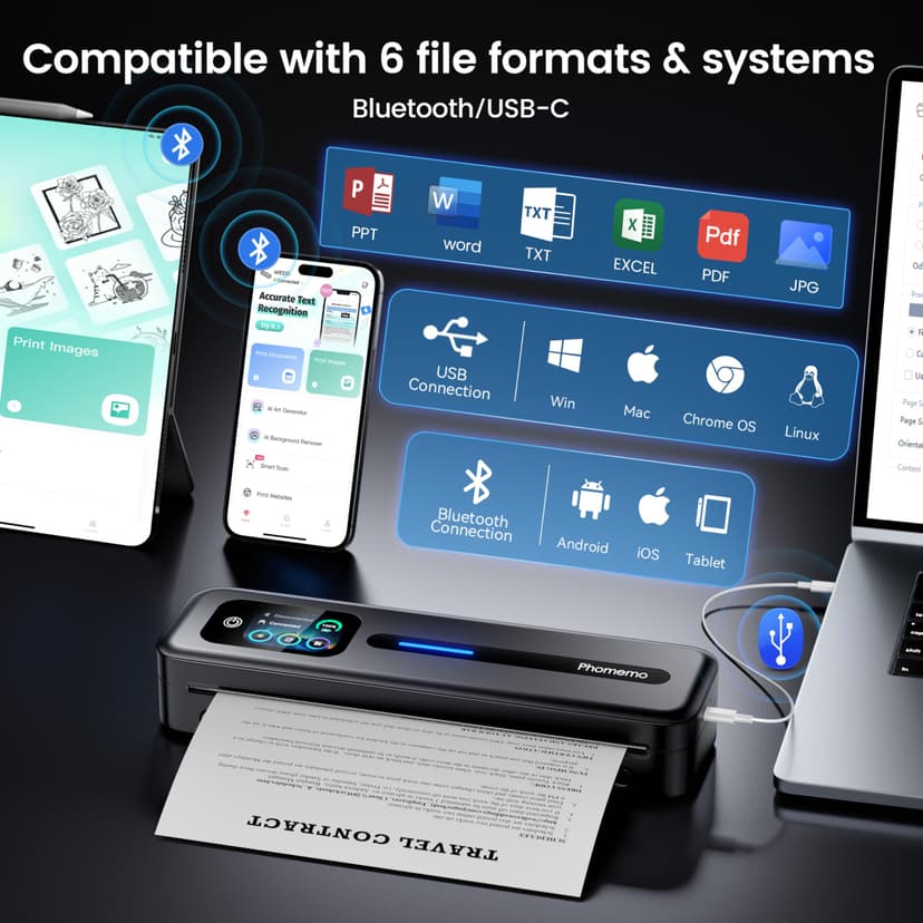 Phomemo M832D Portable Thermal Printer, A4 Touchscreen Bluetooth Inkless Printer for Home & Office, 300dpi Mobile Printers Compatible with Phone & Laptop, Wireless Printers for Business Trip, School - 4