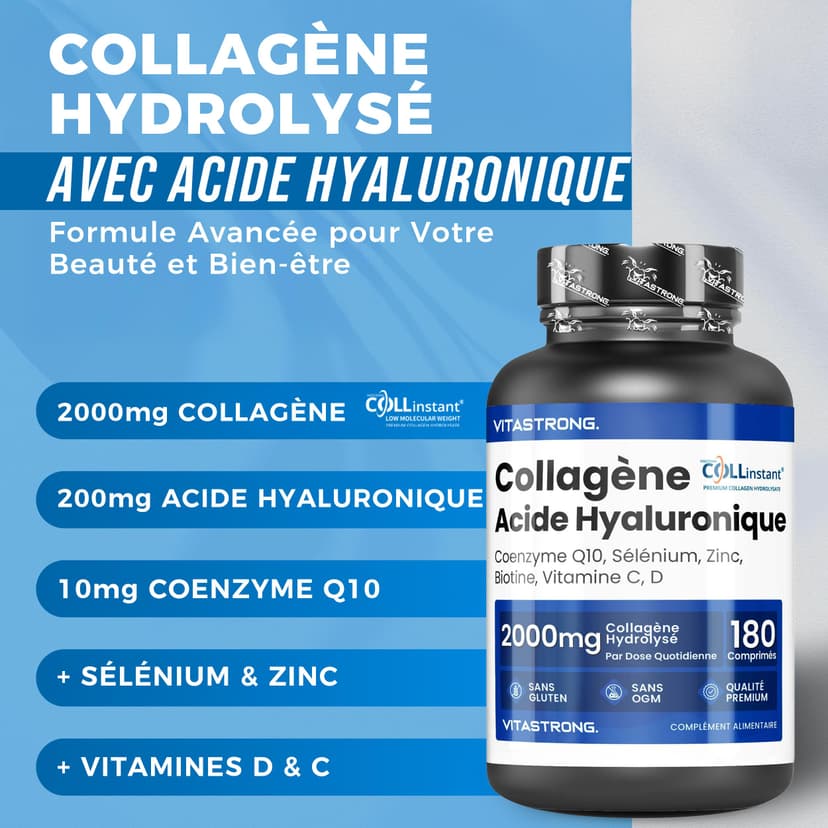 Collagen and Hyaluronic Acid 180 Tablets, 2000mg Hydrolyzed Collagen Quality COLLinstant with Biotin, CoQ10, Zinc, Selenium, Vitamin C & D, Collagen Supplements for Women and Men, Skin, Bones, Joints - 2