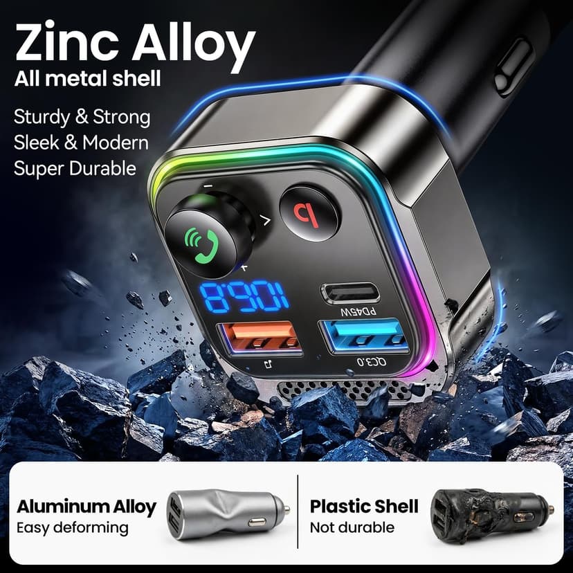GizmoVine Bluetooth 5.4 FM Transmitter Car Adapter 63W (PD 45W & 18W) [Light Switch] [HiFi Bass Sound] [Fast Charging] Wireless Radio Music Adapter LED Display Zinc Alloy Hands-Free Calling Support - 2