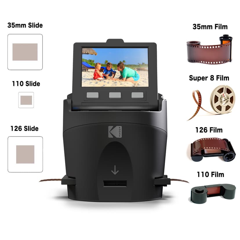 Kodak RODFS35 Digital Film Scanner - Converts 35mm, 126, 110, Super 8 & 8mm Slides & Negatives to JPEG - Includes 3.5-inch LCD & EasyLoad Inserts (Black) - 2