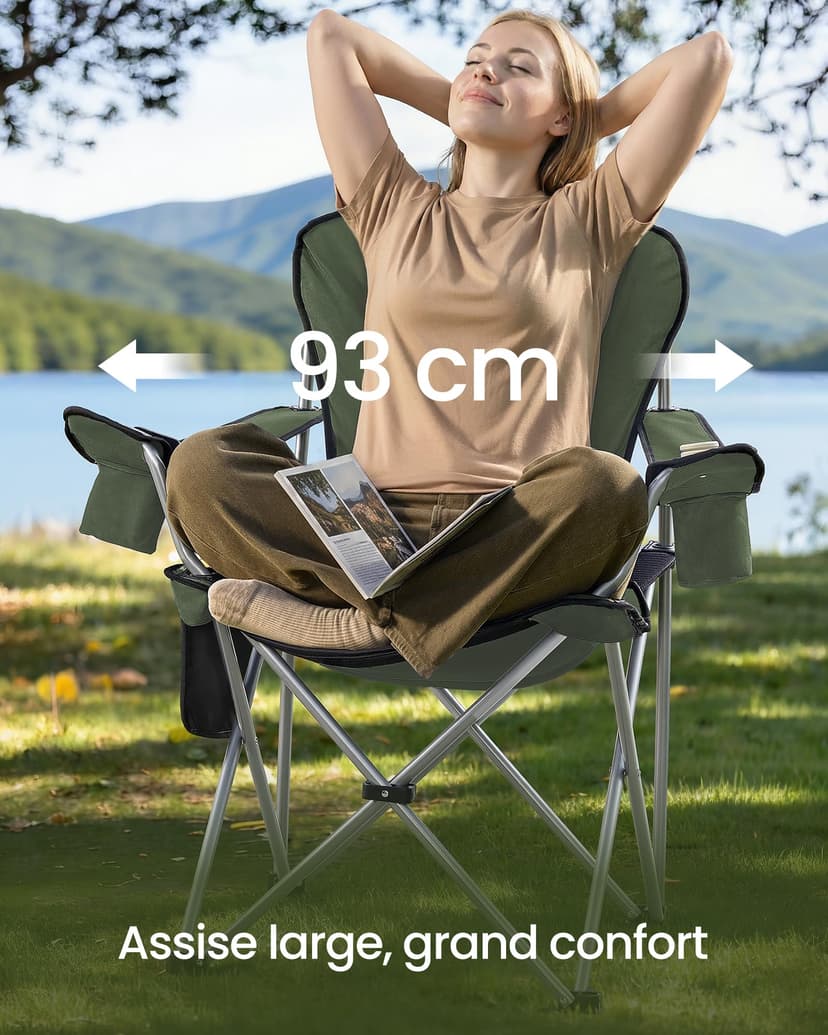 SONGMICS Lot de 2 Chaises Pliantes Camping, Siège Large, Dossier Haut, Chaises de Pêche Portables avec Porte‑Gobelet, Support pour Téléphone, Organiseur en Tissu, Vert et Gris GCB005CD01-2J - 3