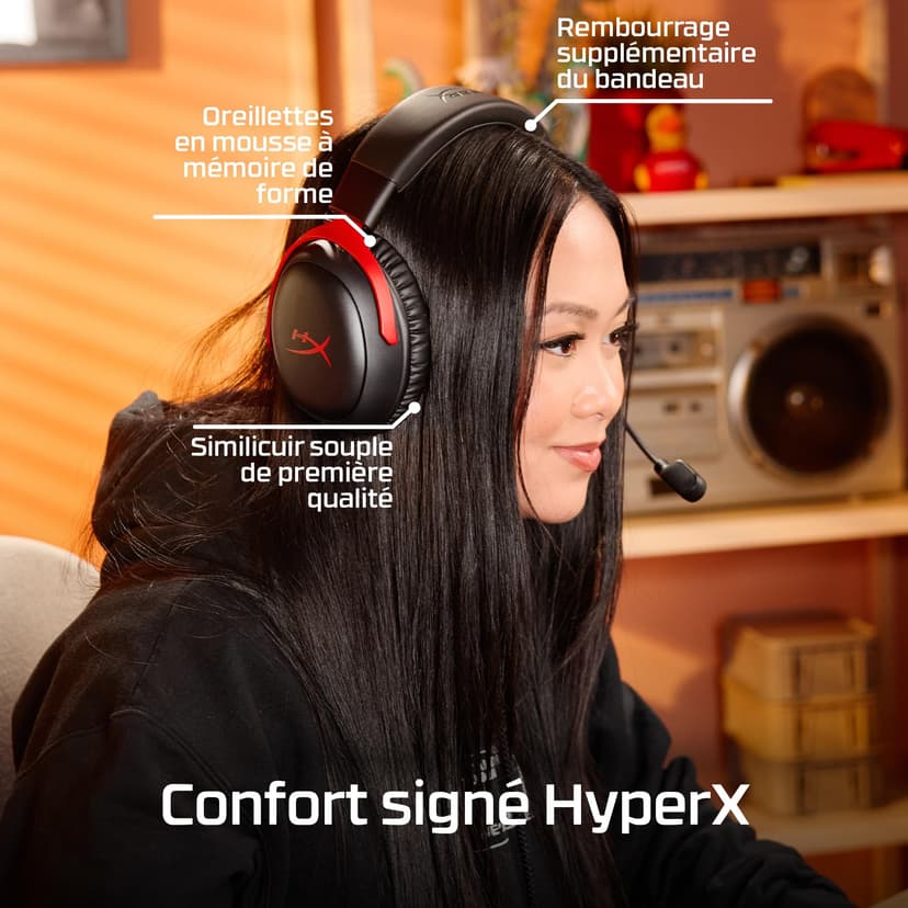 HyperX Cloud III S – Casque de Jeu sans Fil, multiplateforme, 2,4 GHz, Bluetooth, autonomie Jusqu’à 120 Heures, 2,4 GHz, transducteurs inclinés de 53 mm, Microphone détachable de 10 mm – Noir-Rouge - 8