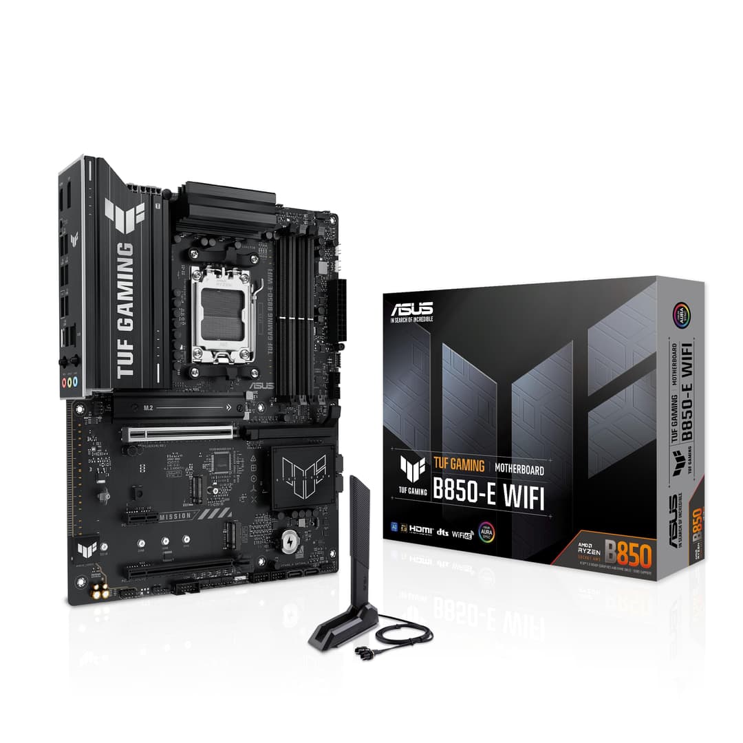 ASUS TUF Gaming B850-E WiFi, AMD ATX Motherboard, 8+2+1 Power Stages, DDR5 Slot, PCIe 5.0 Ready, 3 M.2 Slots, WiFi 6E, Ethernet Realtek 2.5Gb, USB-C 20Gbps, BIOS Flashback and Aura Sync