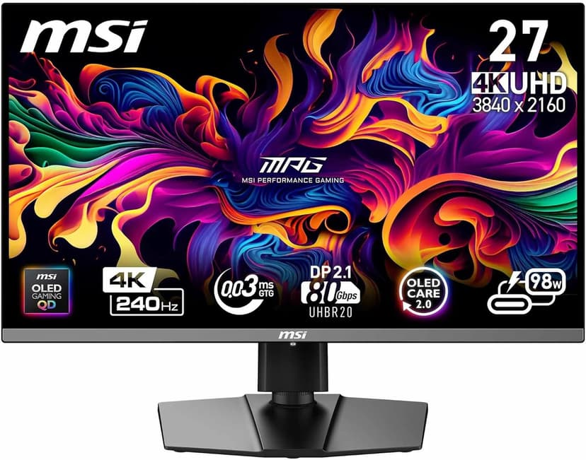 MSI MPG 272URX QD-OLED 27-Inch 4K UHD Gaming Monitor, 3840 x 2160 Quantum Dot OLED Panel, 240Hz,0.03ms, DisplayHDR TRUE Black 400, G-SYNC Compatible, HDMI 2.1, DP 2.1a, USB C (98W PD), Black - 1