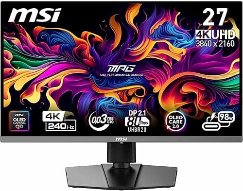 MSI MPG 272URX QD-OLED 27-Inch 4K UHD Gaming Monitor, 3840 x 2160 Quantum Dot OLED Panel, 240Hz,0.03ms, DisplayHDR TRUE Black 400, G-SYNC Compatible, HDMI 2.1, DP 2.1a, USB C (98W PD), Black