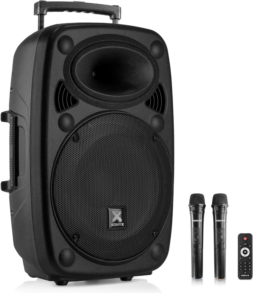 Vonyx Verve46 Enceinte Sono Portable 1000W, Enceinte Bluetooth Puissante, 2 Micros sans Fil UHF, Poignées et roulettes de Transport, Idéale pour Vos Evénements, Karaoké, Fêtes en Extérieur - 1