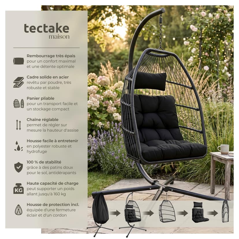 tectake® Fauteuil Oeuf Suspendu Chaise hamac Balancoire Cocooning Confortable Pliable Résistant, Fauteuil Relax avec Structure en Acier & Coussin Épais - 2
