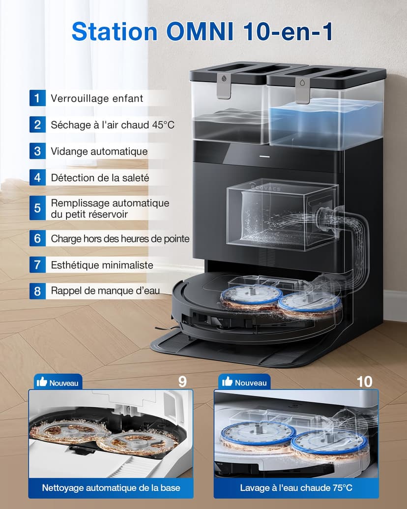 ECOVACS T50 Omni GEN2 Aspirateur Robot avec Station, Puissance 21000Pa, Brosse latérale et serpillière Extensibles, ZeroTangle 2.0, AIVI 3D 2.0, Lavage à l'eau Chaude 75℃, Ultra-Mince 81 mm, Noir - 6
