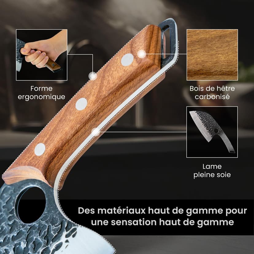 Matsato Couperet de Cuisine Professionnel – Couteau Hachoir en Acier Inoxydable avec Poignée en Bois Carbonisé, Lame de Précision pour Découpe Viande, Volaille, Légumes et Os - 5
