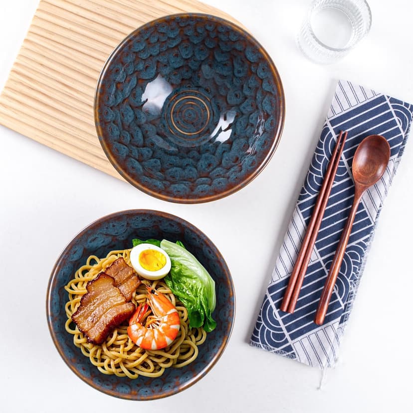 1200ml Ceramic Ramen Bowl Set of 2 Japanese Noodle Bowls with Spoons and Chopsticks, Peacock Tail - 4