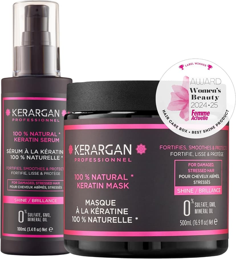 Kerargan - Duo Masque et Sérum à la Kératine Pour Cheveux Abîmés et Stressés - Fortifie, Nourrit et Protège - Sans Sulfate, OGM, Huile Minérale - 500ml + 100ml - 1