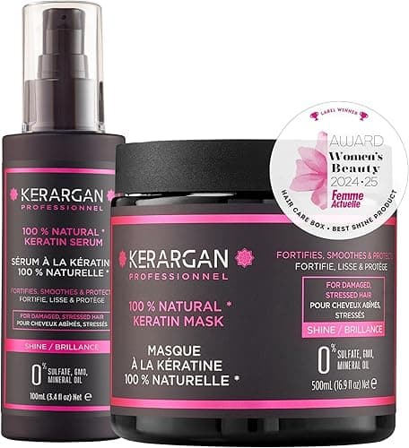 Kerargan - Duo Masque et Sérum à la Kératine Pour Cheveux Abîmés et Stressés - Fortifie, Nourrit et Protège - Sans Sulfate, OGM, Huile Minérale - 500ml + 100ml