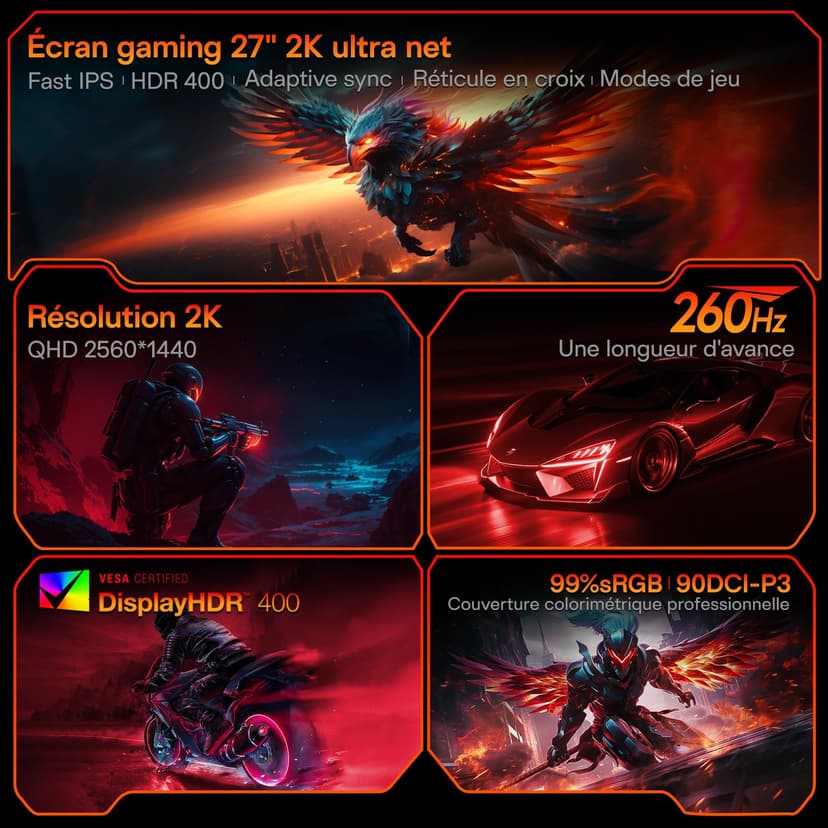 KOORUI 【Moniteur de Jeu IPS de 27 Pouces, QHD, 260 Hz, 1 ms, écran Plat pour PC, HDR400, 99% sRGB, Ports HDMI/DP, Couleur Noire - Idéal pour Le Jeu compétitif et Le télétravail - 2