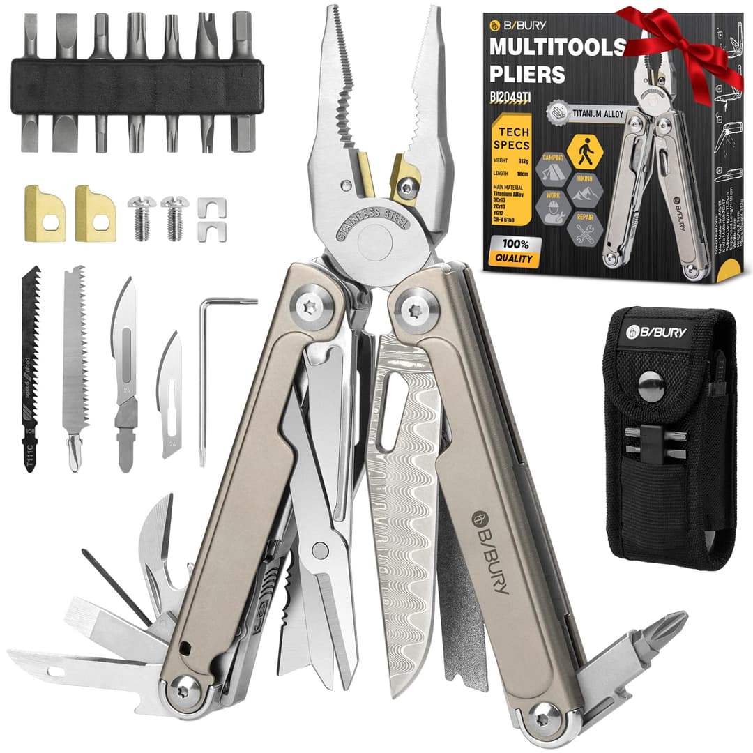 BIBURY Titanium Multitool Pliers, Multi Tool with Replaceable Wire Cutters, Scissors, Screwdriver Bits & Interchangeable T‑Shank Saw/File Set, Lightweight 314g, Camping Repair Gift for Men, BI2049TI