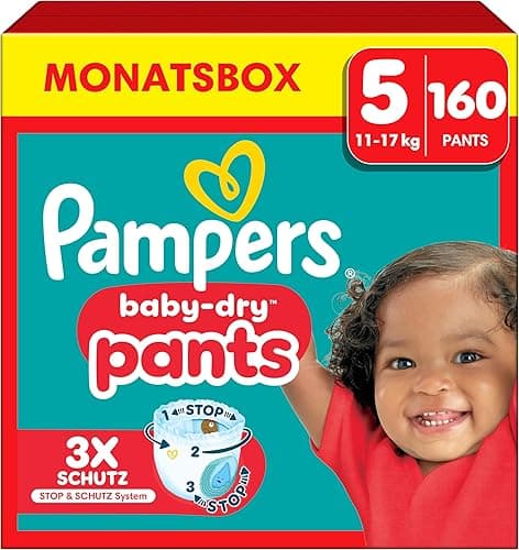 Pampers Baby-Dry Pants, Taille 5, 160 Couches-Culottes, 12-17kg, Maintien 360° Contre Les Fuites Avec Une Poche Stop & Protect Pour Une Nuit Jusqu'à 100% Sans Fuites, Pack 1 Mois