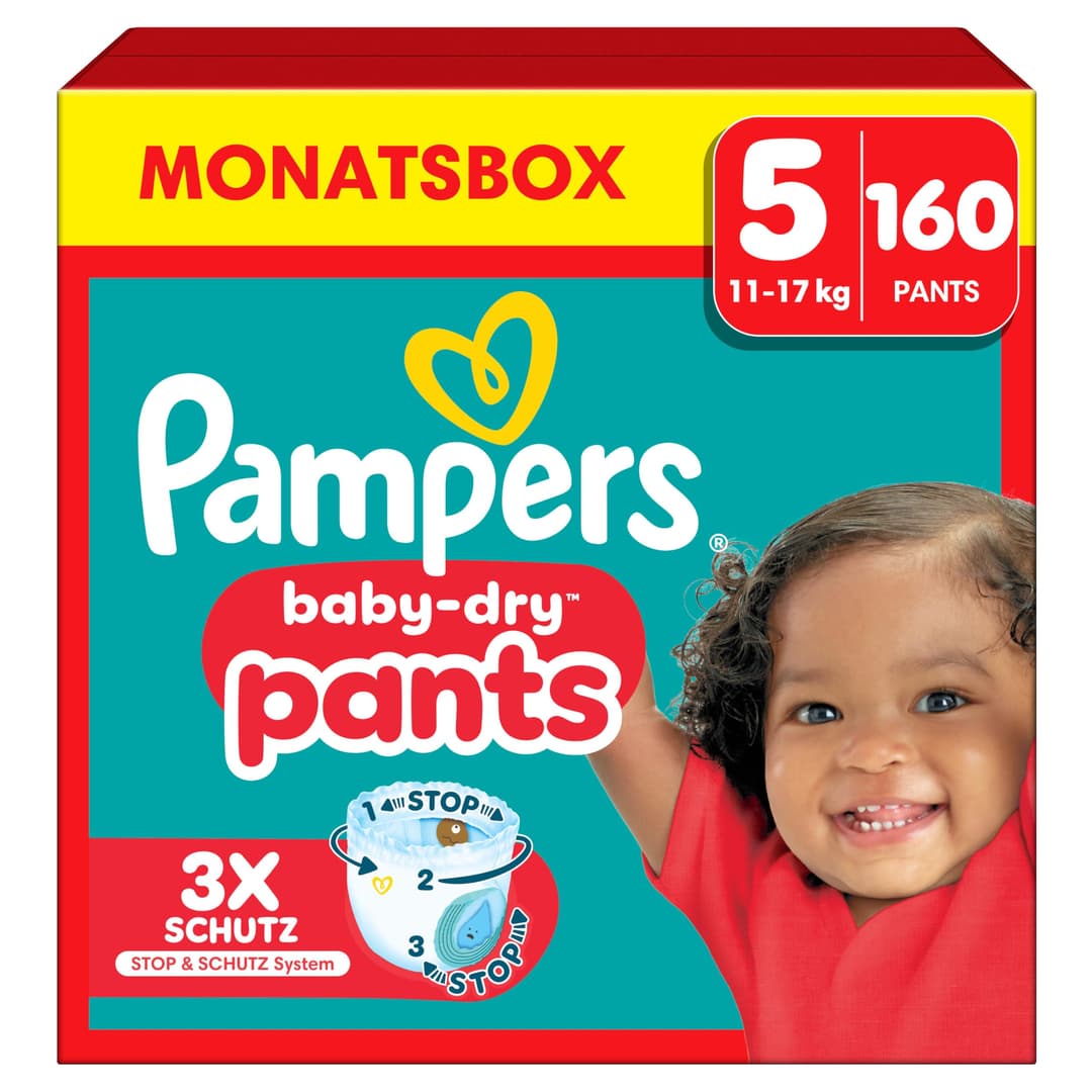 Pampers Baby-Dry Pants, Taille 5, 160 Couches-Culottes, 12-17kg, Maintien 360° Contre Les Fuites Avec Une Poche Stop & Protect Pour Une Nuit Jusqu'à 100% Sans Fuites, Pack 1 Mois