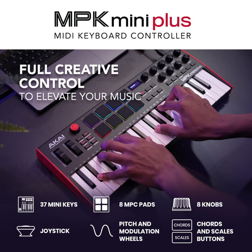Akai Professional MPK Mini Plus - USB MIDI Keyboard Controller with 37 Mini Keys, 8 MPC Pads, Sequencer, MIDI/CV/Gate I/O, Music Production Software and Native Instruments Sound Package - 2