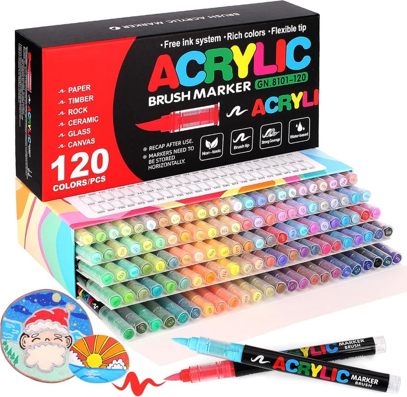 Laconile 120 Colours Accrylic Paint Brush Markers Set -Paint Pens Acrylic Markers for Rock Painting Cermic Glass Stone Metal Fabric, Water-based Acrylic Paint Pens with 1-5MM Flexible Brush Tip - 1
