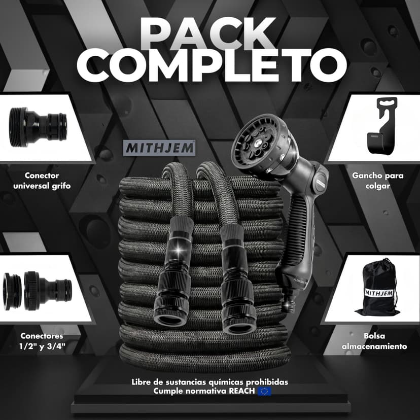 MITHJEM Garden Hose – Expandable 15 Metres with 8 Irrigation Functions – Polyester 3750D Roll Up Garden Hose – 1/2 Inch, 3/4 Inch and Universal Connectors for Tap Included - 2