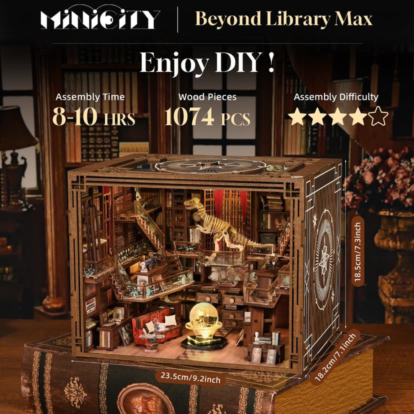 MiniCity Book Nook Kit - DIY Maison de poupée Miniature - Kit Booknook - Puzzle 3D en Bois - Serre-Livres - Décoration avec lumière LED - pour Adolescents et Adultes (Beyond Library Max) - 2