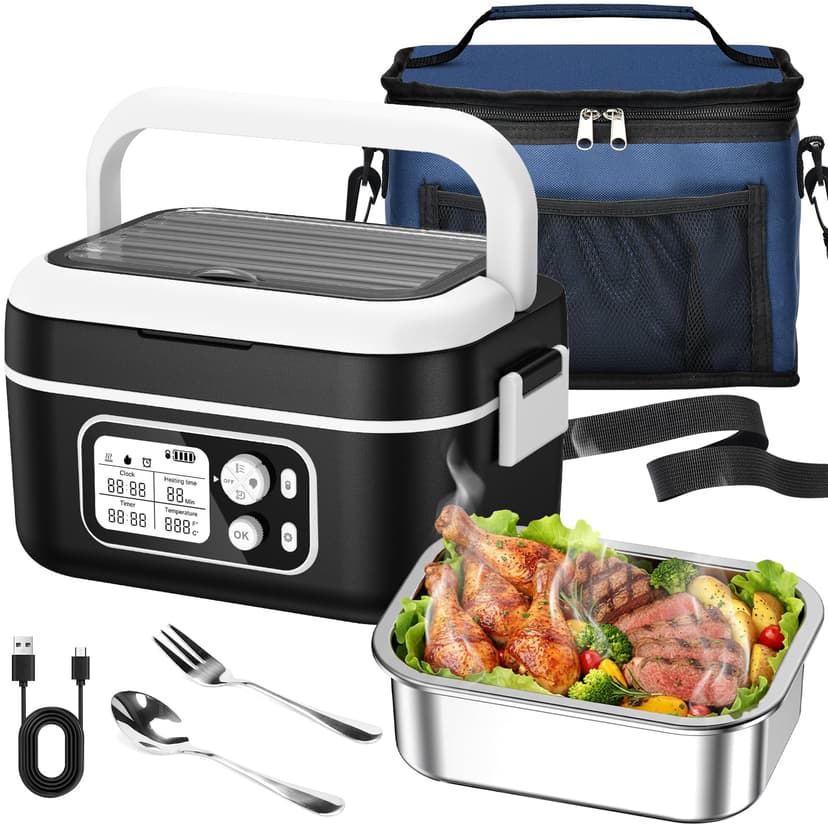 Electric Lunch Box 100 W, Electric Lunch Box 1.5 L Heat Box Insulated Heat Box Automatic Heating Function with Insulated Bag, Fork & Spoon and Removable Divider Plate - 1