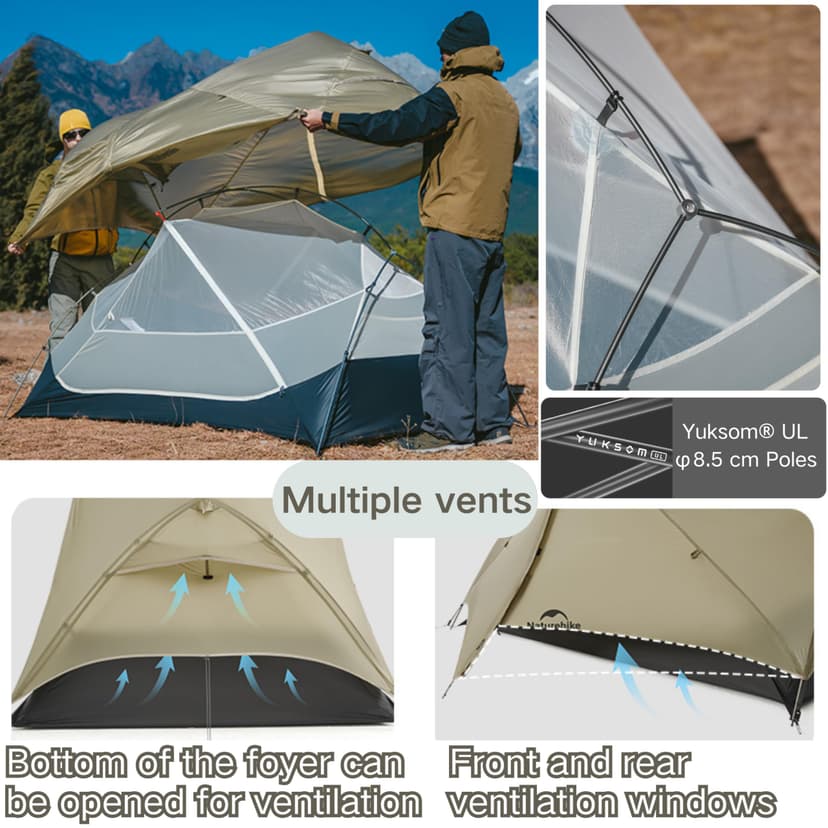 Naturehike Mongar UL Tent [2025 Upgrade] 1.5kg/3.3lb Ultralight Tents,1/2 Person Backpacking Tent,4 modes of use, Waterproof,Hiking tents for Camping with Front Porch,Easy Set up (Grey, 2 person) - 6