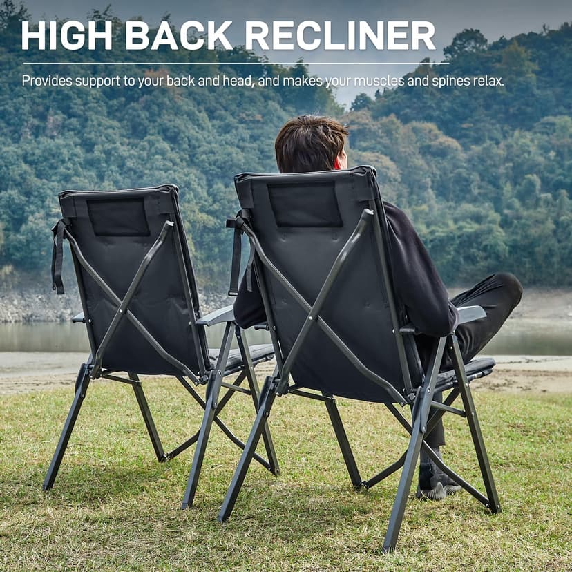 EVER ADVANCED Luxury Camping Chairs 2 Set for Adults Heavy Duty High Back Oversized Folding Garden Chair Comfy Padded 6cm Loadable 150kg Cam Adjustable Dining Chairs 4-Position Recliner Chair Black - 5
