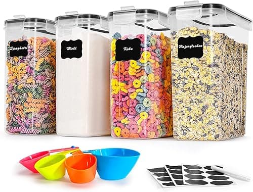 L LONGANCHANG 4 Pack Airtight Food Storage Canisters with Lids - 4 Litre BPA Free Kitchen Storage Container - Moth Proof - Flour Organizer Spaghetti Cornflakes with Labels