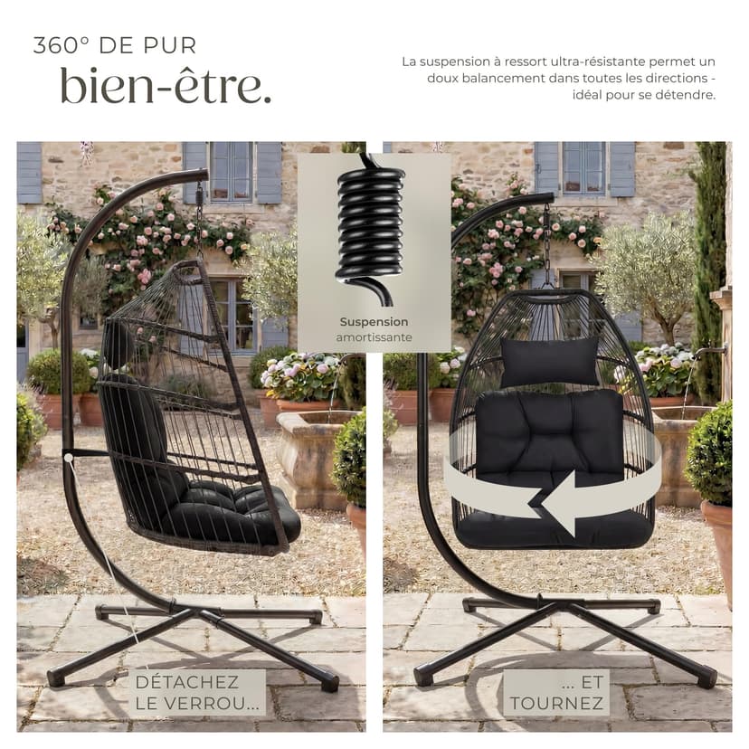 tectake® Fauteuil Oeuf Suspendu Chaise hamac Balancoire Cocooning Confortable Pliable Résistant, Fauteuil Relax avec Structure en Acier & Coussin Épais - 7
