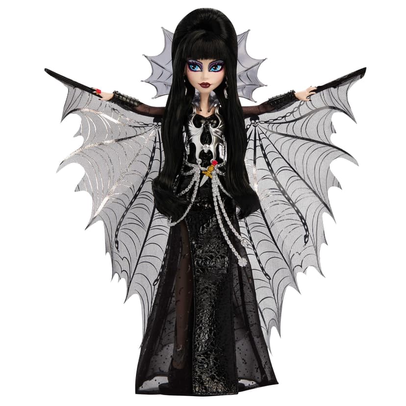 Monster High Elvira Maîtresse des ténèbres Poupée à Collectionner avec Robe en Similicuir Noir, Cape Chauve-Souris Scintillante et Accessoires Haut de Gamme, HYV99 - 4