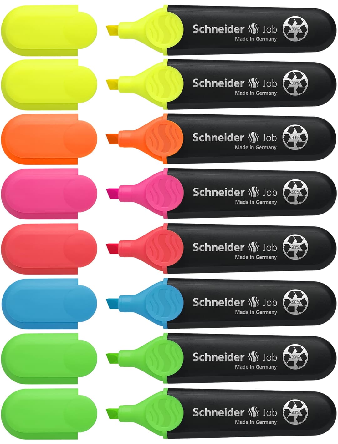 Schneider Highlighter Job refillable pens, Assorted Colours, Pack of 8, Yellow, Orange, Pink, Red, Blue, Green)