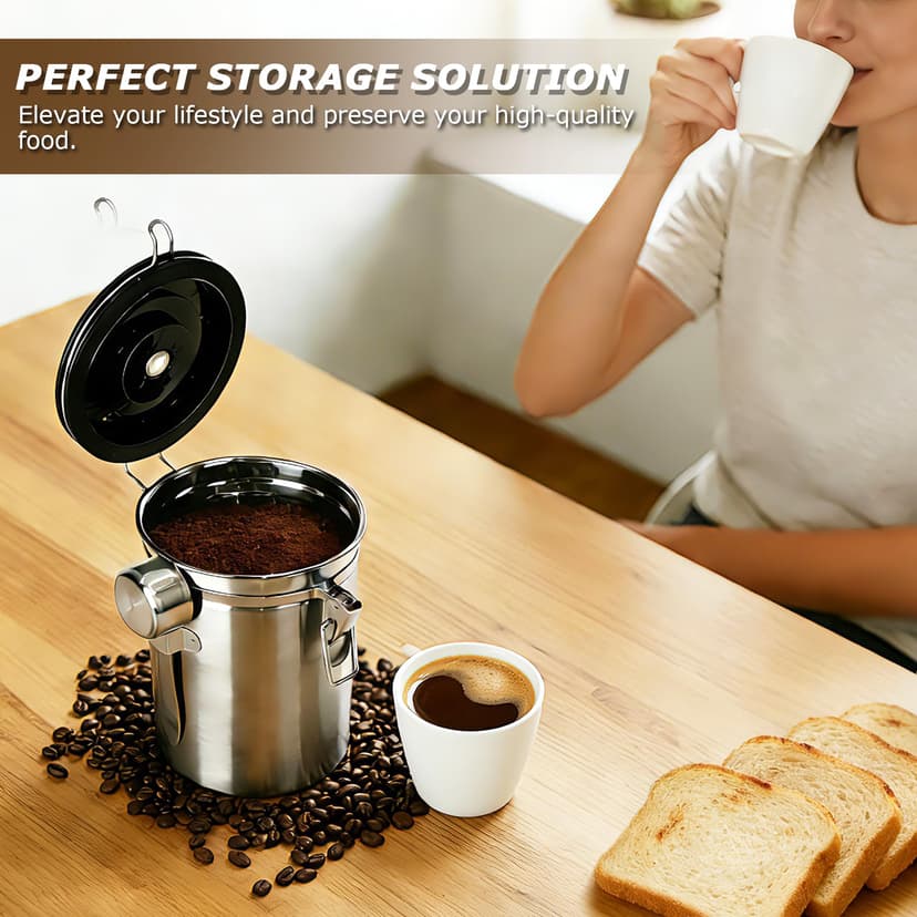 BUCOMTU 1,8 L Boîte à Café Hermétique en Acier Inoxydable avec Cuillère à Mesurer, Boîte à Conservation Hermétique, pour Café en Grains, Café Moulu, Noix, Sucre, Céréales - 3