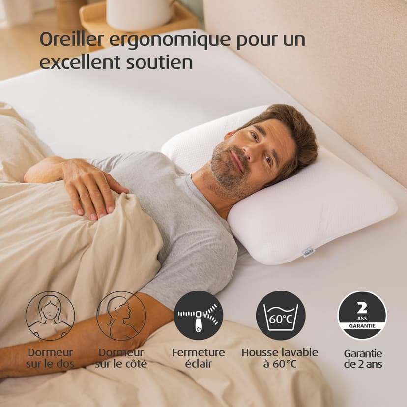 TEMPUR Oreiller de sommeil Symphony, Mousse à mémoire de forme, oreiller ergonomique de soutien cervical pour dormeurs sur le dos et sur le côté, soutien ferme, L (63 x 43 x 14 cm), Blanc - 3