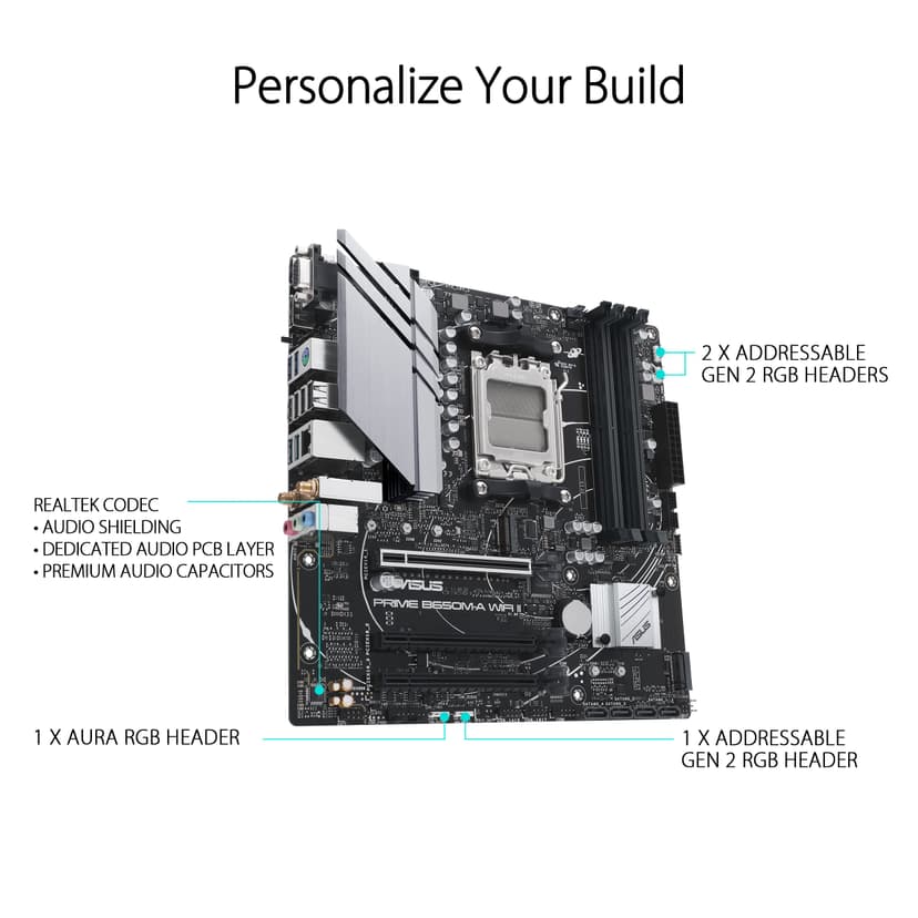ASUS Prime B650M-A WiFi II AMD AM5 Micro-ATX Motherboard (DDR5, PCIe 5.0 M.2 support, 2.5Gb Ethernet, WiFi 6, DisplayPort, VGA, HDMI, SATA 6 Gbps, USB 3.2 Gen 2 ports, BIOS FlashBack, Arua Sync) - 4