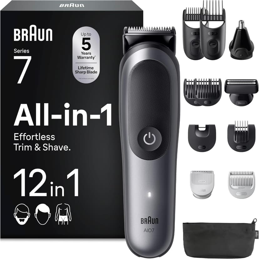 Braun Series 7 All-in-One Grooming Kit for Men, AIO7545, Grey - 12-in-1 MultiGroom Beard Trimmer, Hair Clipper & Body Shaver, ProBlade, AutoSense, SkinGuard, Waterproof, 120 min Cordless Use - 1