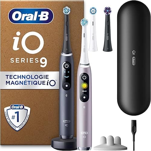 Oral-B Brosses A Dents Electriques iO 9 Noire Et Rose, 7 Modes De Brossage Dont Blancheur Et Soin Des Gencives, 16 Zones De Nettoyage, Ecran Interactif, 4 Brossettes De Rechange Oral B, Etui, Carton