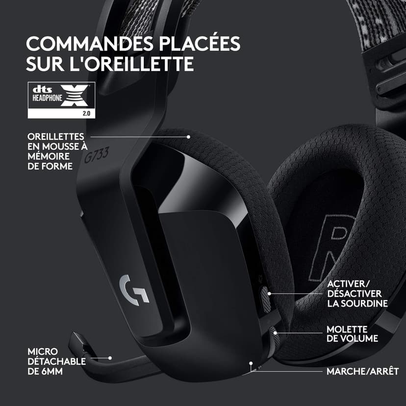 Logitech G G733 LIGHTSPEED Wireless Gaming Headset with suspension headband, LIGHTSYNC RGB, Blue VO,CE mic technology and PRO-G audio drivers, Lightweight, 29 Hour battery life, 20m range - Black - 5