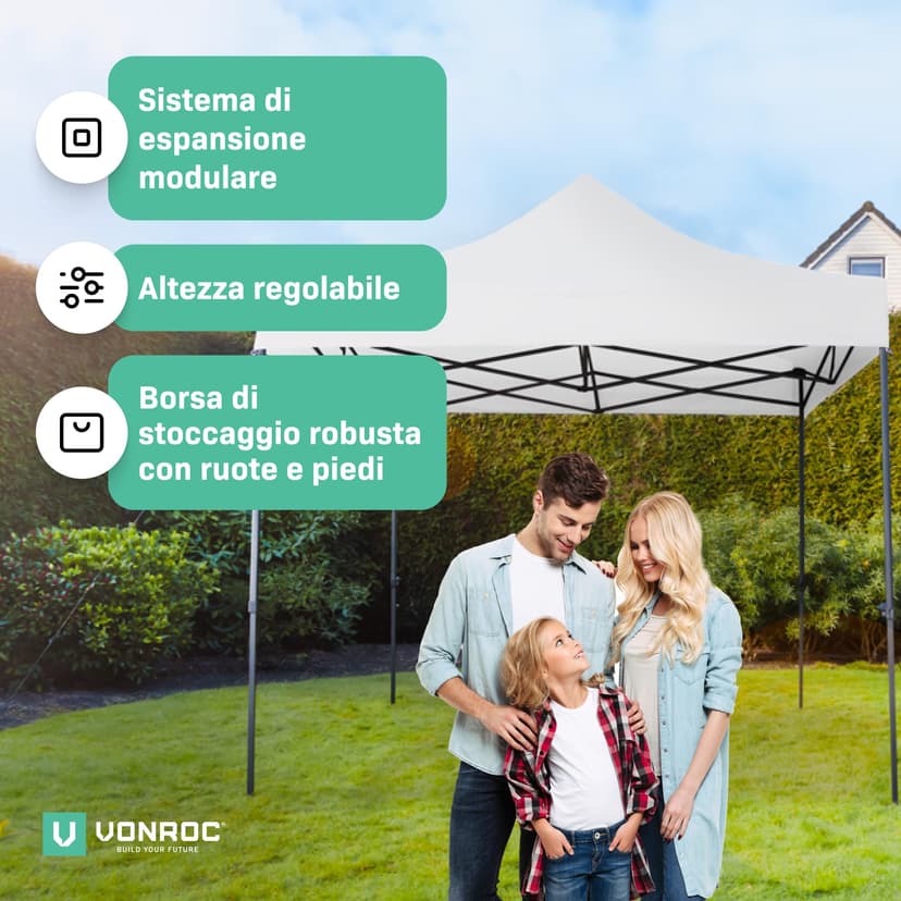 VONROC Tente Easy-Up - 3x3 m – Pliante - Design Modulaire : Auvent, Tonelle, Chapiteau, Marchés Saisons – Pliable – Imperméable – Cadre en Acier - Protection UV 50+ - Blanc - Sac de Rangement Inclus - 5