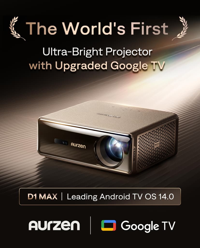 Aurzen EAZZE D1 MAX Upgraded Google TV Smart Projector 4K Supported, Ultra-Bright 1000 ANSI Lumens, MEMC Tech, Fully Automatics, 20W Dolby Audio, Home Theater Movie Projector with WiFi and Bluetooth - 2