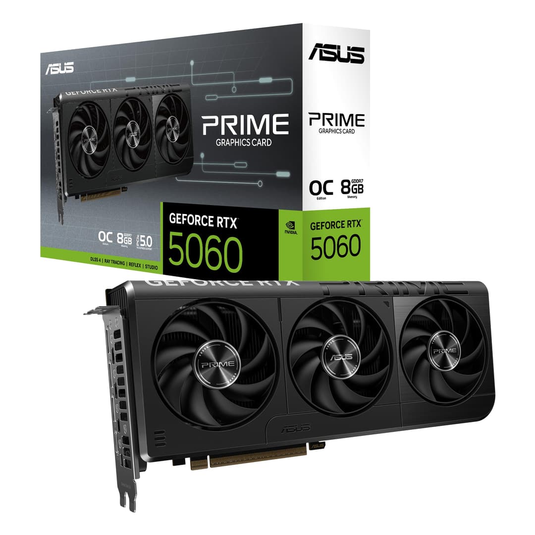 ASUS Prime NVIDIA GeForce RTX 5060 OC Edition, Graphics Card 8GB GDDR7, 128 Bit, PCIe 5.0, 3 Axial-Tech Fans, 1 HDMI 2.1, 3 DisplayPort 2.1, GPU Tweak III, Black, PRIME-RTX5060-O8G