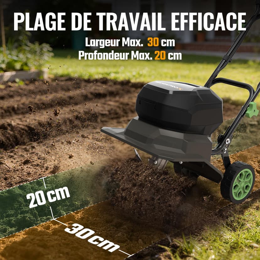 WORKPROX Motobineuse Électrique sans Fil 40V, Largeur 30 cm, Profondeur 20 cm, Batteries 2×4000 mAh, Guidon Pliable, Roues 4 Positions, Compacte et Silencieuse pour Jardin, Potager et Verger - 4