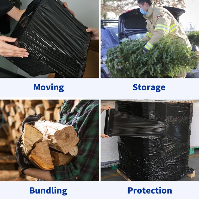 TAPEBEAR Black Stretch Wrap Film 100mm x 305m Shrink Wrap Roll with Handle, 60 Gauge Thick Durable Self-Adhering Plastic Wrap Industrial Strength Pallet Shrink for Moving, Packing, Storage - 7