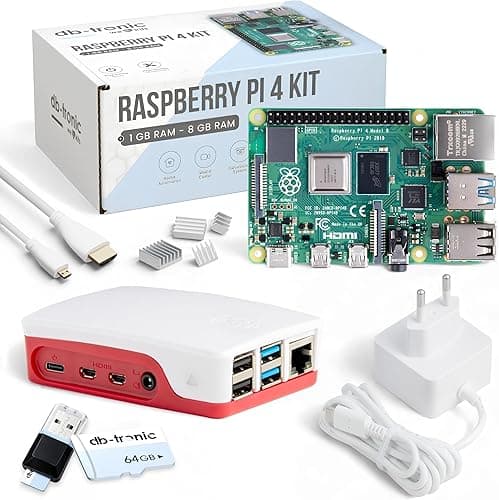 db-tronic Raspberry Pi 4 4GB Starter Kit | 64GB White Edition | 15W Power Supply | Case with 4x Heatsinks | 4K Micro HDMI Cable | Ideal for Smart Home, Retro Gaming & Home Assistant