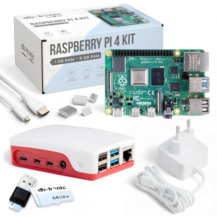 db-tronic Raspberry Pi 4 4GB Starter Kit | 64GB White Edition | 15W Power Supply | Case with 4x Heatsinks | 4K Micro HDMI Cable | Ideal for Smart Home, Retro Gaming & Home Assistant - 1