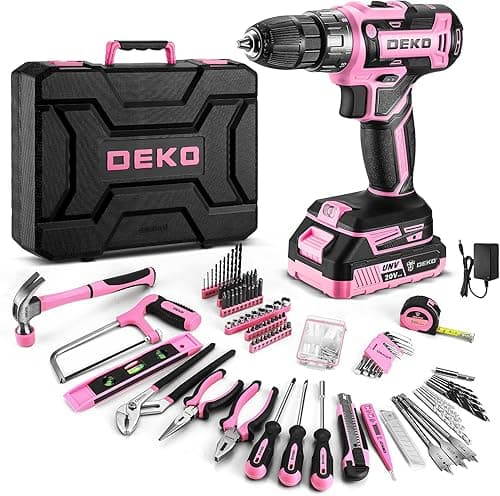 DEKO Complete Electric Tool Box 186 Pieces Pink with 20V Cordless Electric Drill, 10 mm Chuck without Key, Professional DIY Household Tool Box for Offices and Gardens