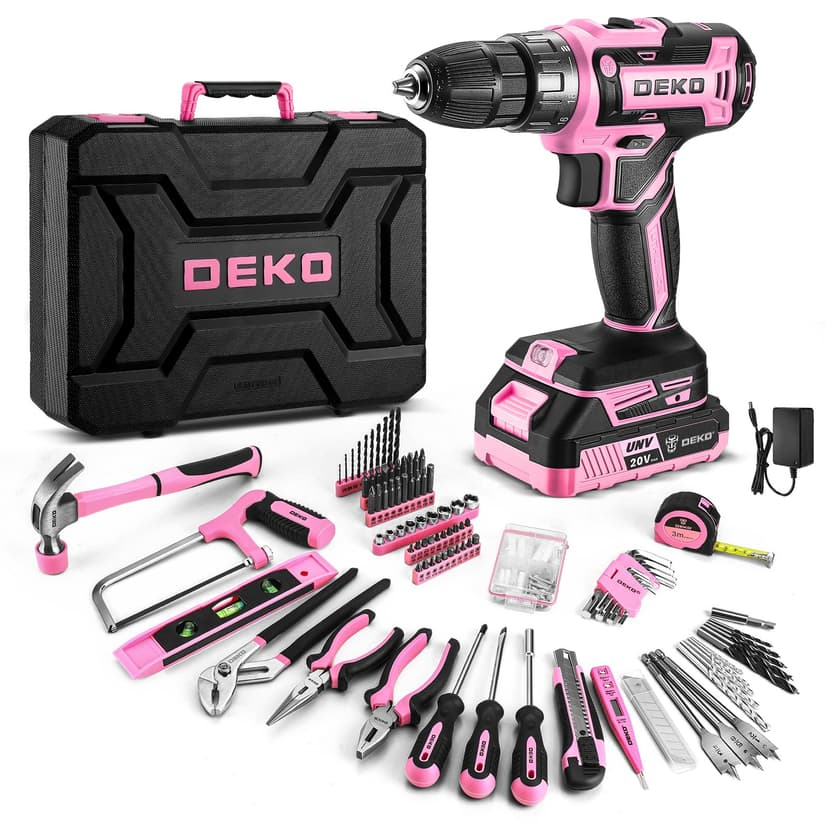 DEKO Complete Electric Tool Box 186 Pieces Pink with 20V Cordless Electric Drill, 10 mm Chuck without Key, Professional DIY Household Tool Box for Offices and Gardens - 1